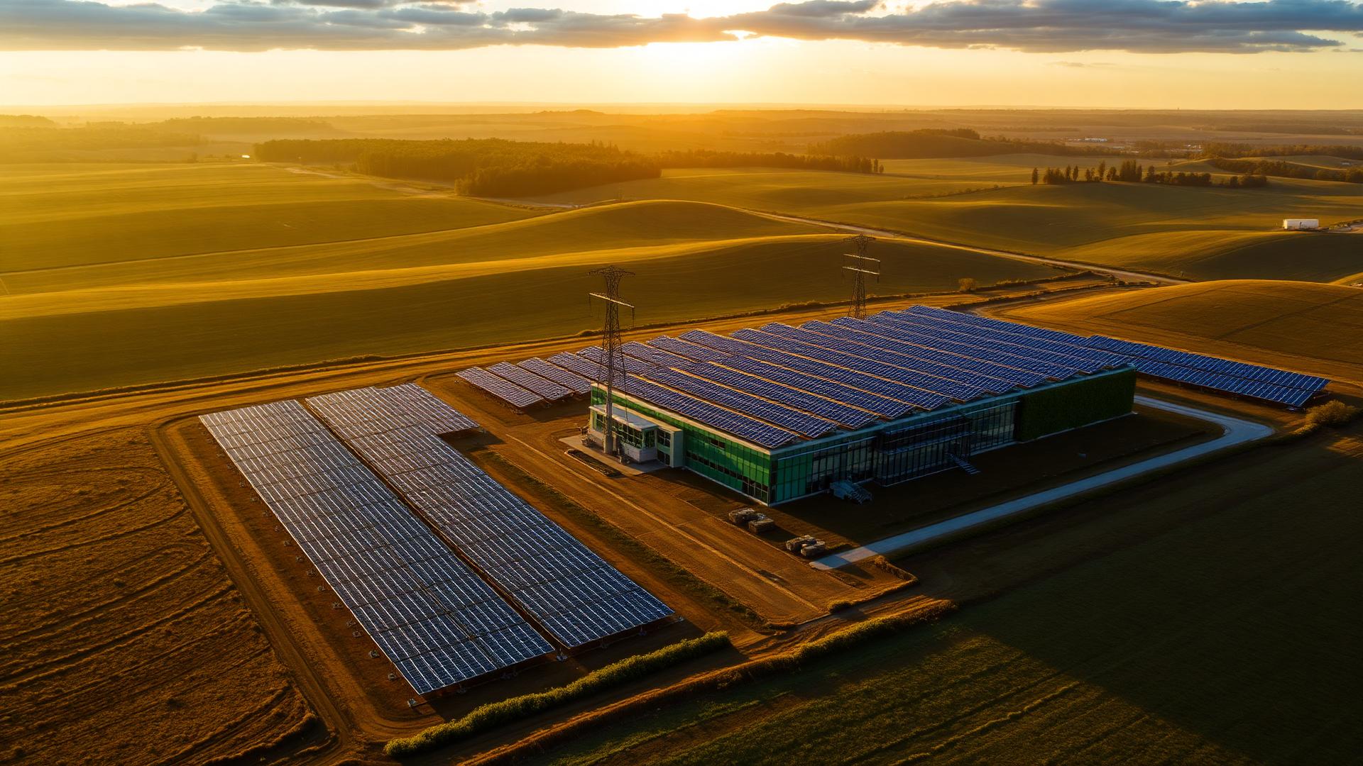 Aerial view of a utility-scale solar farm connected to a modern green data center facility at golden hour